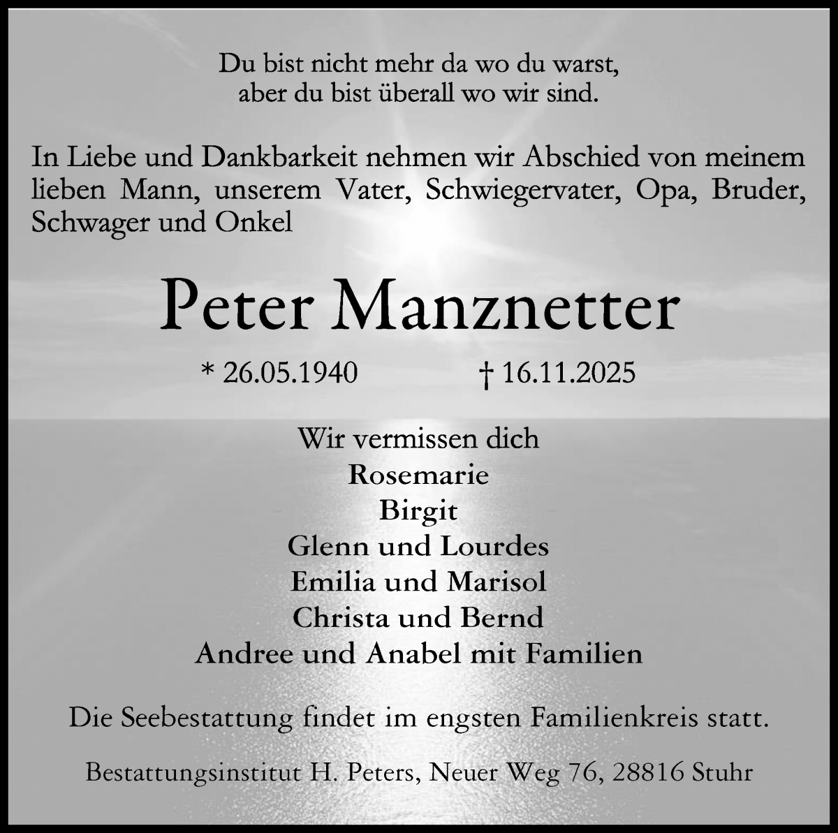Traueranzeige von Peter Manznetter von WESER-KURIER
