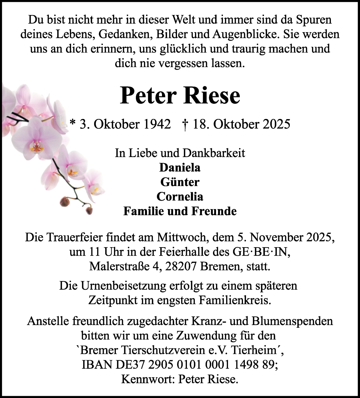 Traueranzeige von Peter Riese von WESER-KURIER