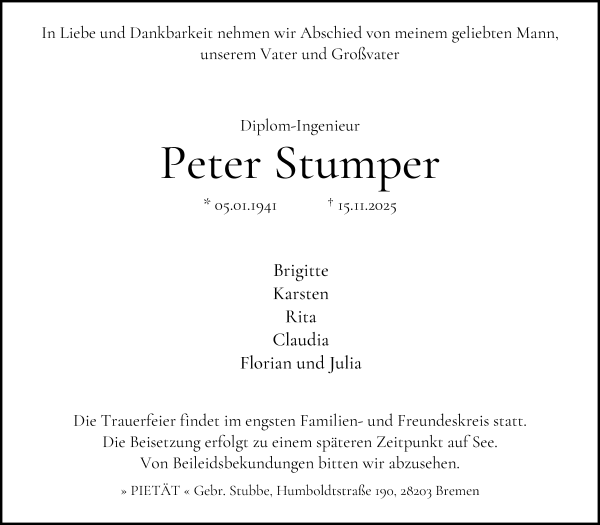 Traueranzeige von Peter Stumper von WESER-KURIER
