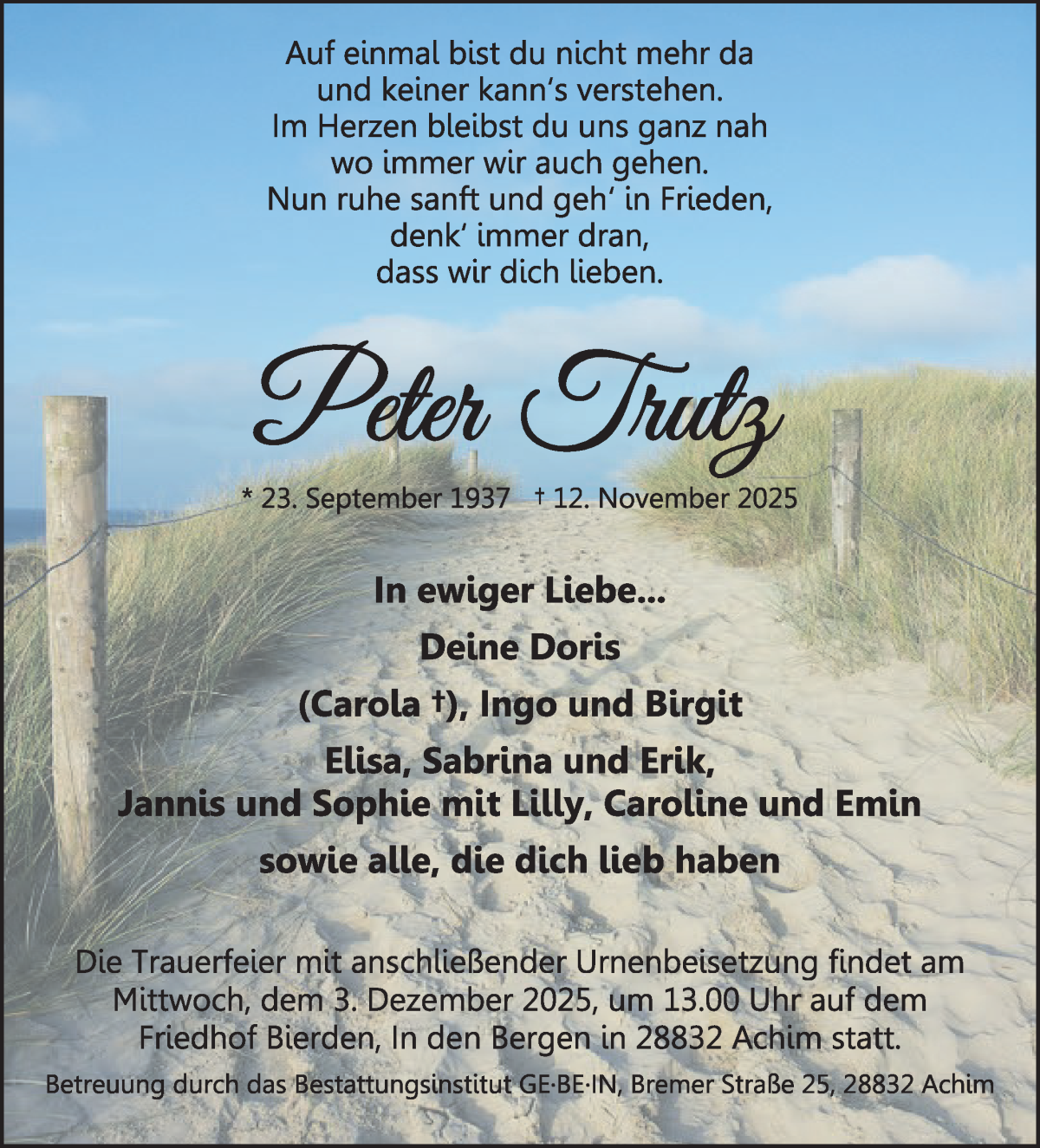  Traueranzeige für Peter Trutz vom 22.11.2025 aus WESER-KURIER