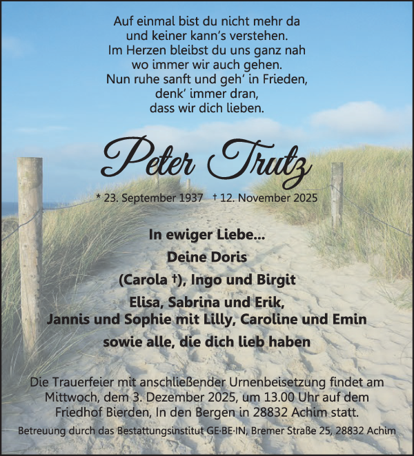 Traueranzeige von Peter Trutz von WESER-KURIER