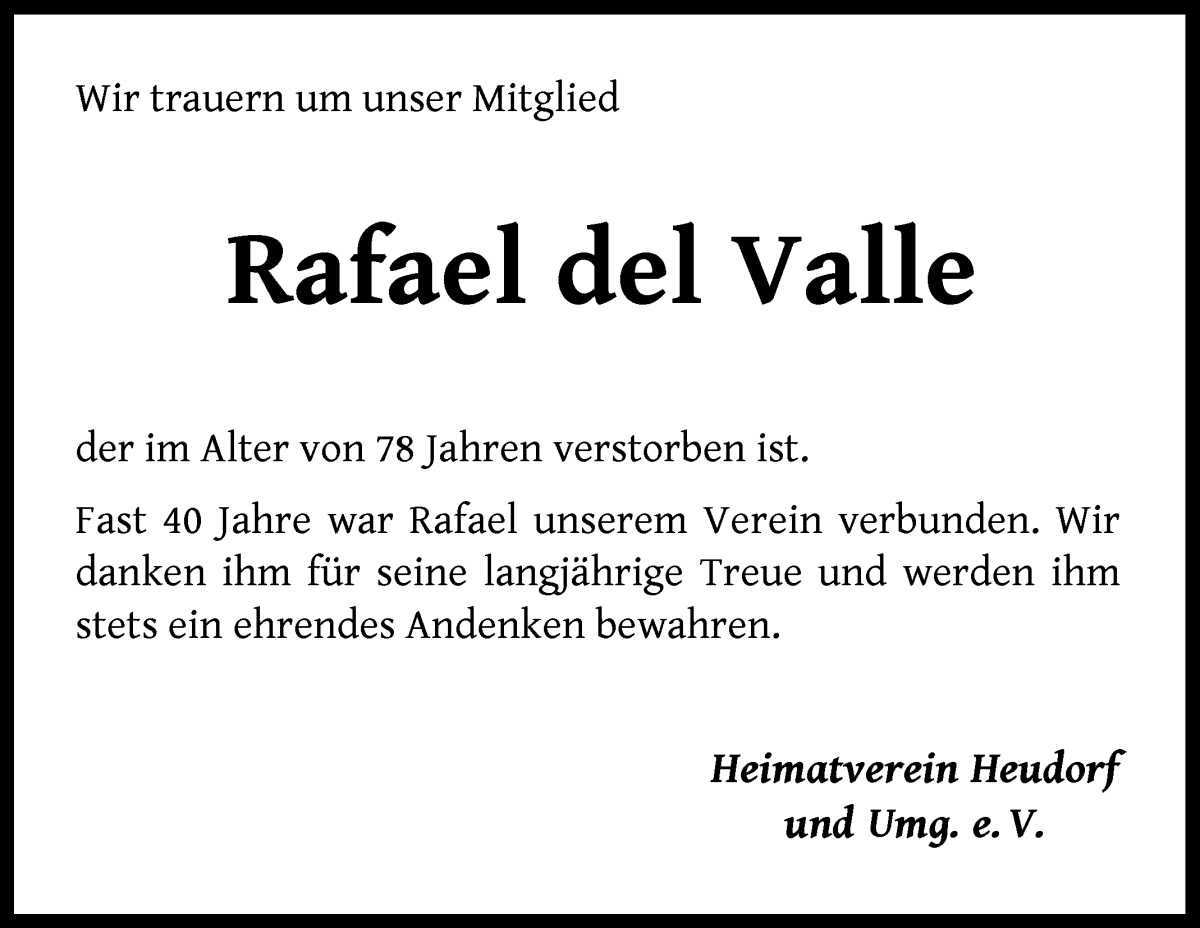 Traueranzeige von Rafael del Valle von Wuemme Zeitung