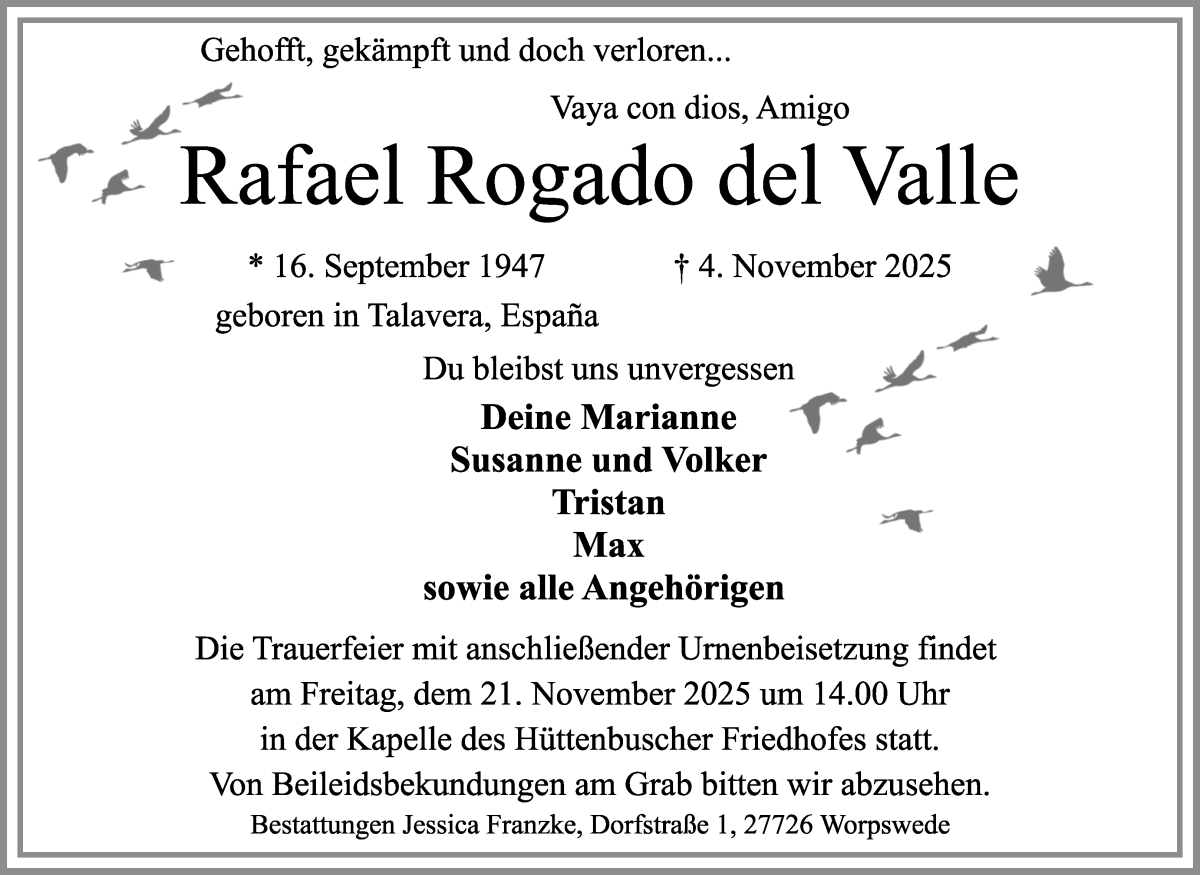 Traueranzeige von Rafael Rogado del Valle von Wuemme Zeitung