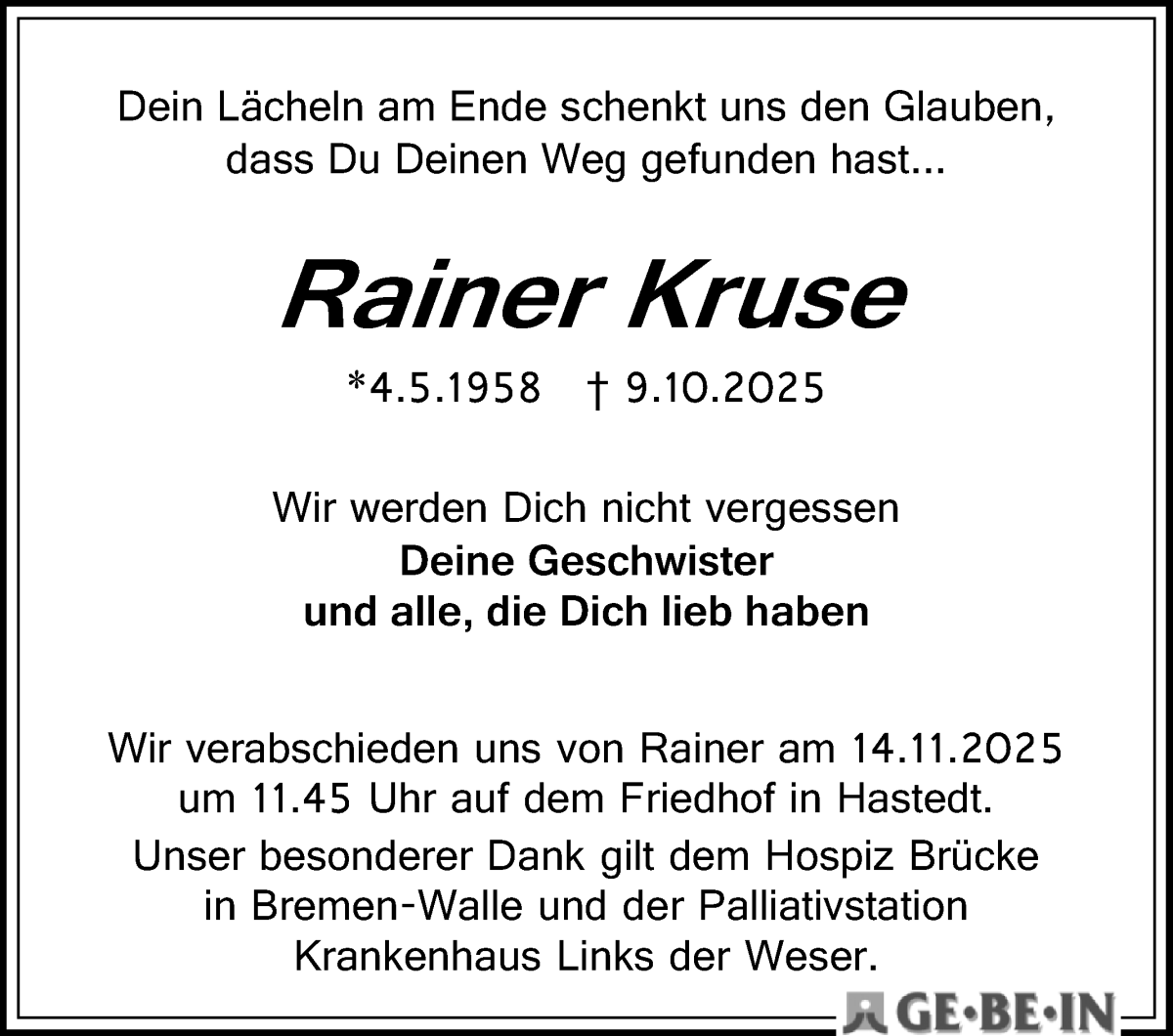 Traueranzeige von Rainer Kruse von WESER-KURIER
