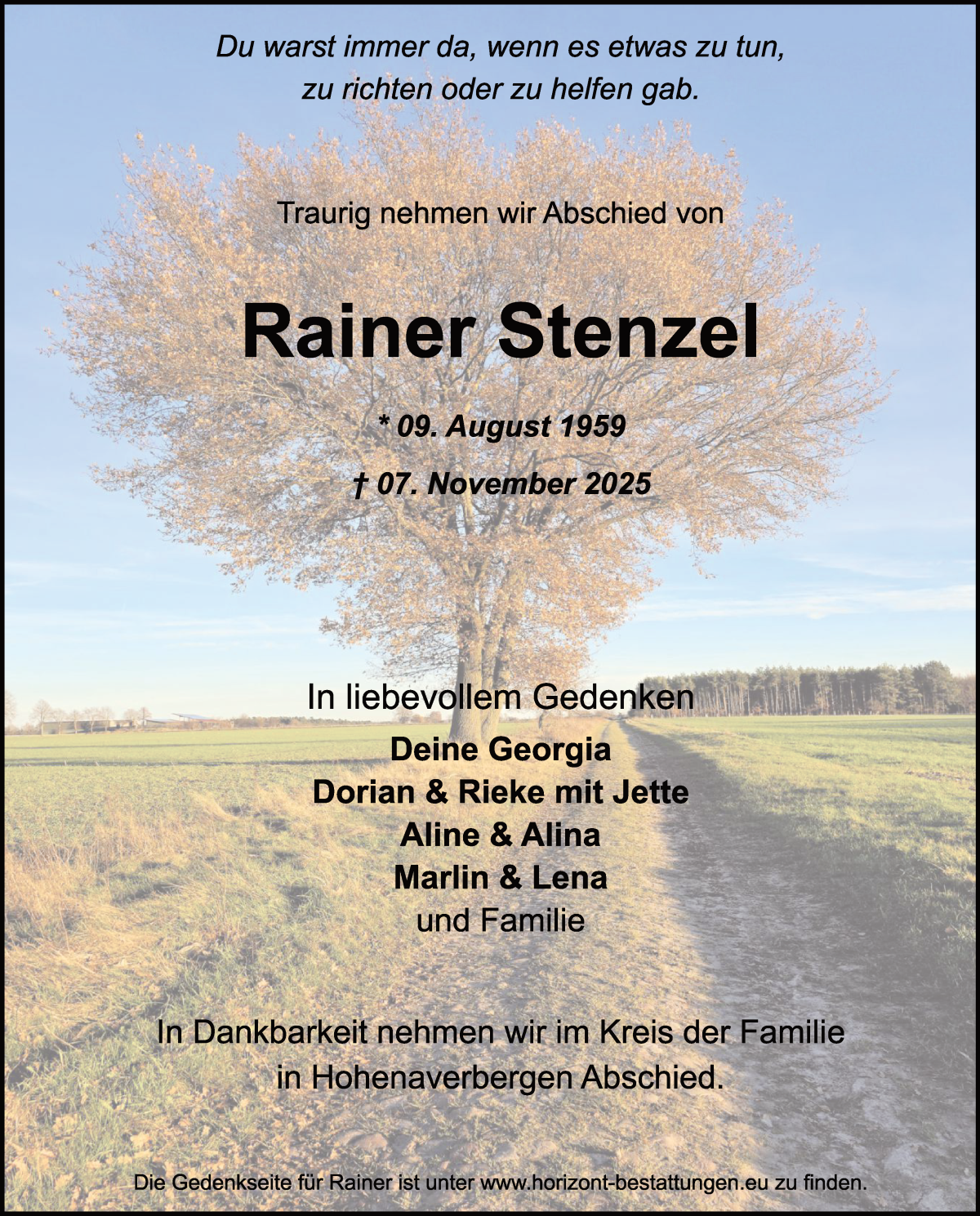 Traueranzeige von Rainer Stenzel von Achimer Kurier/Verdener Nachrichten