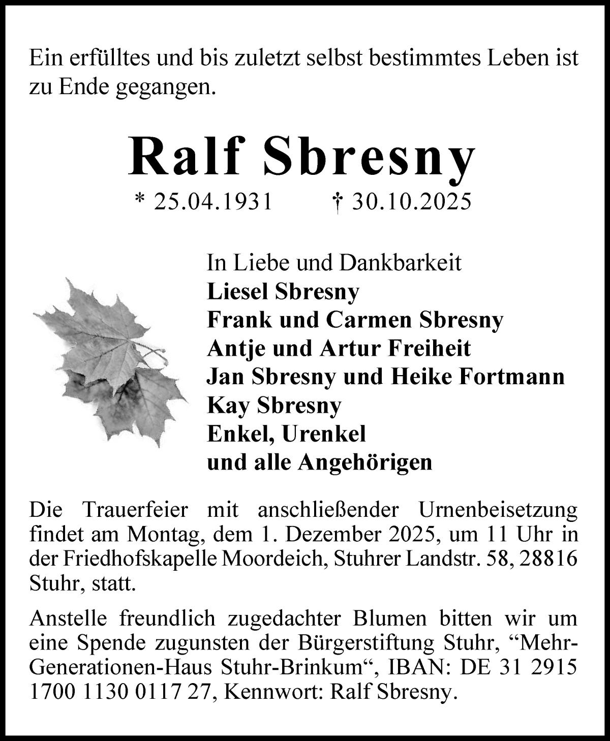 Traueranzeige von Ralf Sbresny von WESER-KURIER