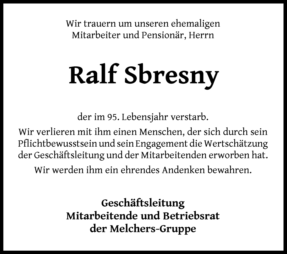 Traueranzeige von Ralf Sbresny von WESER-KURIER