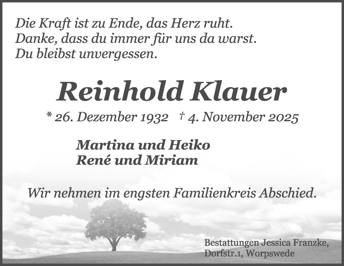 Traueranzeige von Reinhold Klauer von Wuemme Zeitung