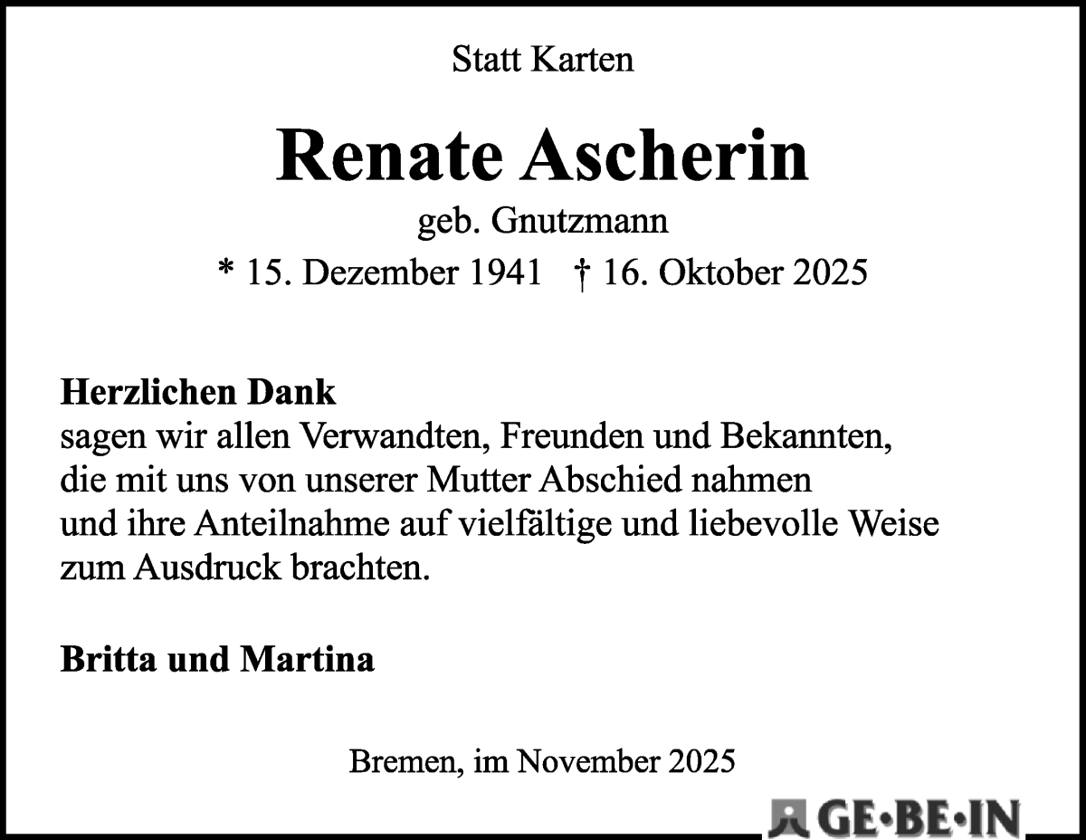 Traueranzeige von Renate Ascherin von WESER-KURIER