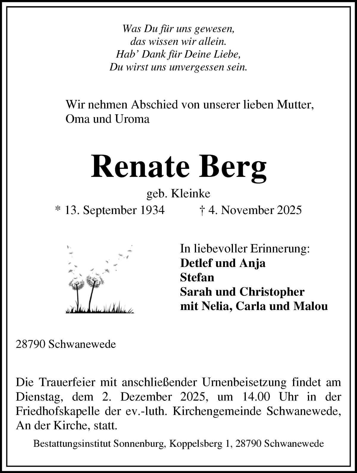 Traueranzeige von Renate Berg von Die Norddeutsche