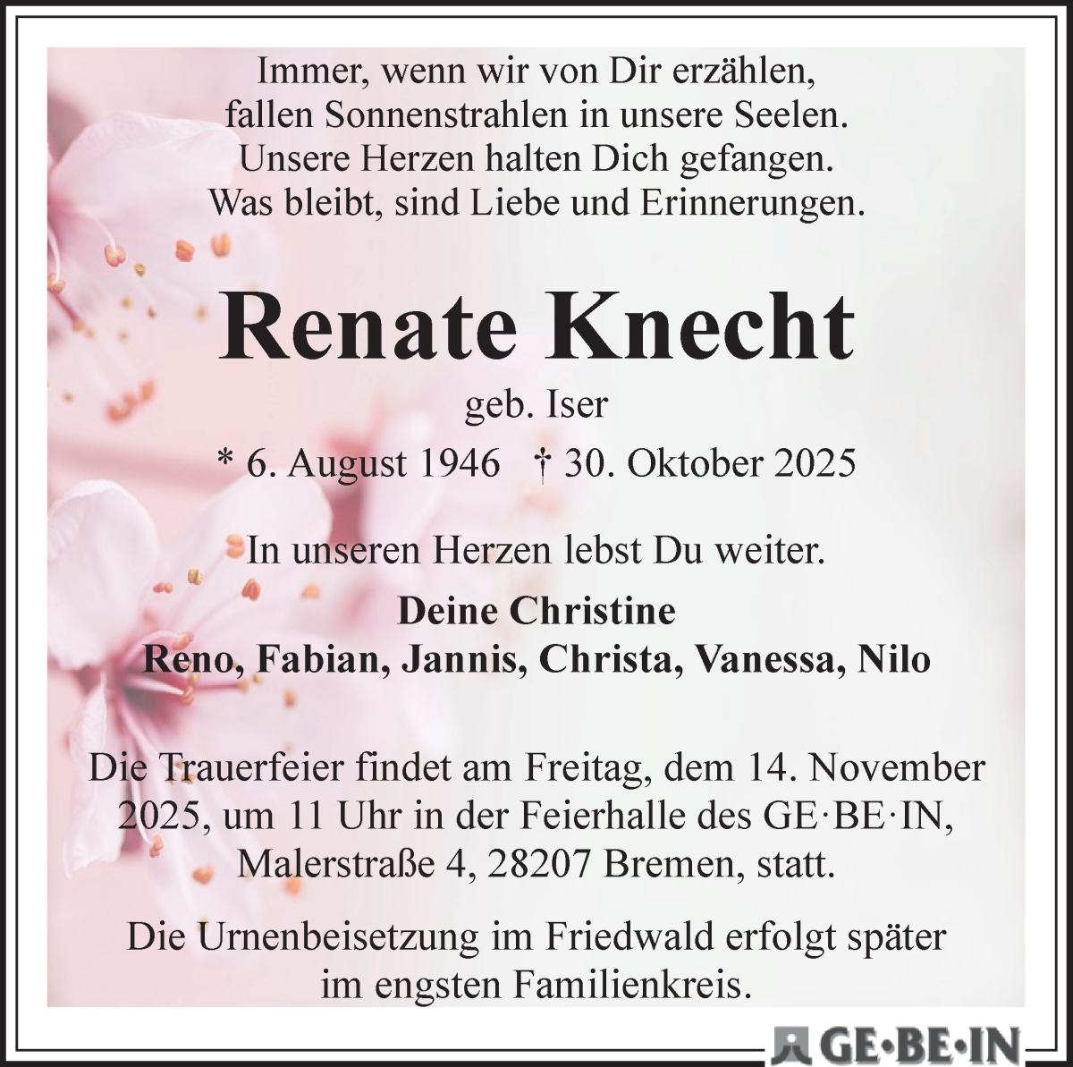 Traueranzeige von Renate Knecht von WESER-KURIER