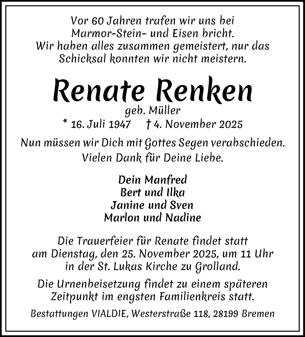 Traueranzeige von Renate Renken von WESER-KURIER