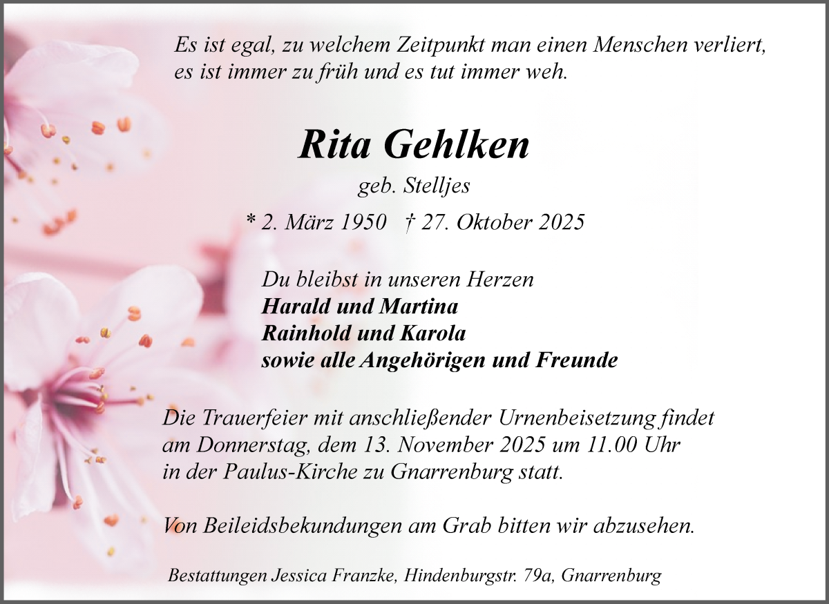 Traueranzeige von Rita Gehlken von Wuemme Zeitung