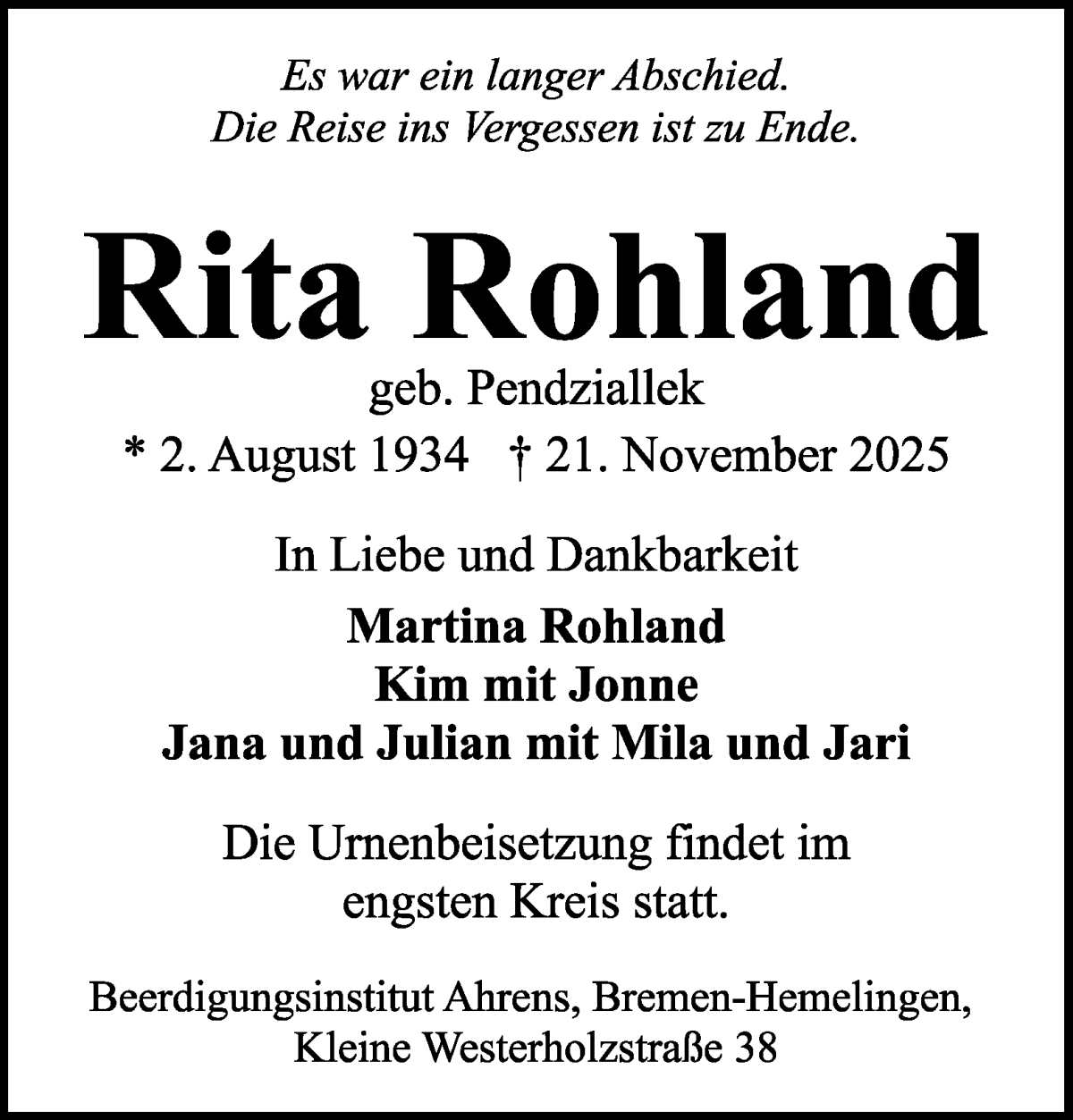 Traueranzeige von Rita Rohland von WESER-KURIER