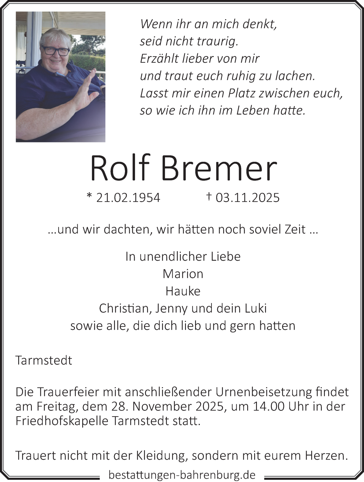 Traueranzeige von Rolf Bremer von Wuemme Zeitung