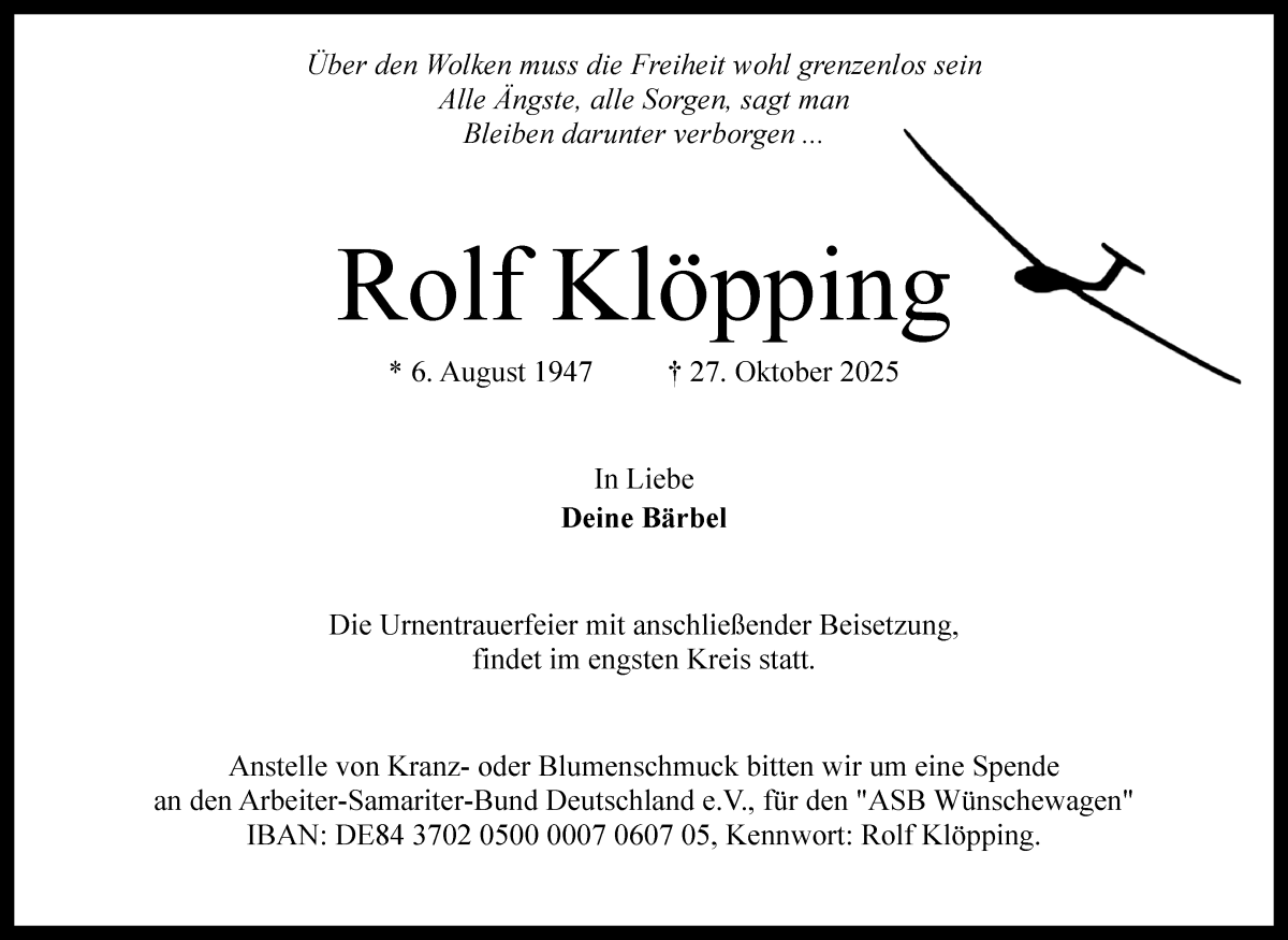 Traueranzeige von Rolf Klöpping von WESER-KURIER