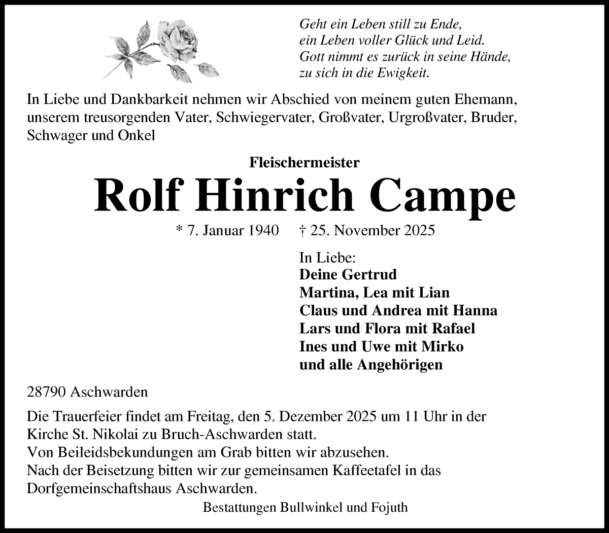 Traueranzeige von Rolf Hinrich Campe von Die Norddeutsche