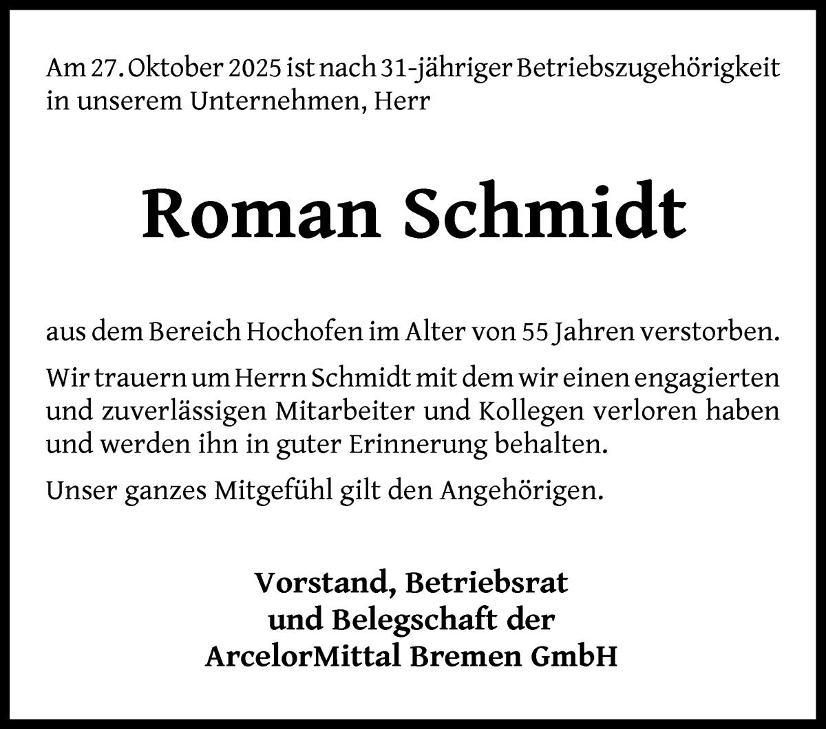 Traueranzeige von Roman Schmidt von WESER-KURIER