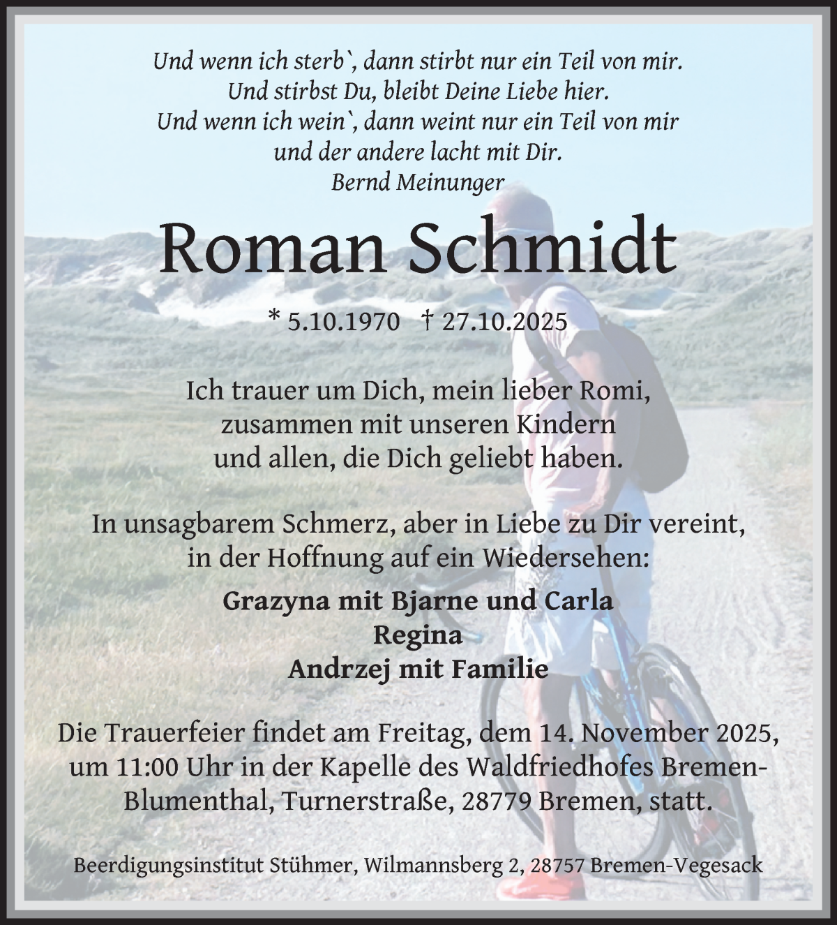 Traueranzeige von Roman Schmidt von Die Norddeutsche
