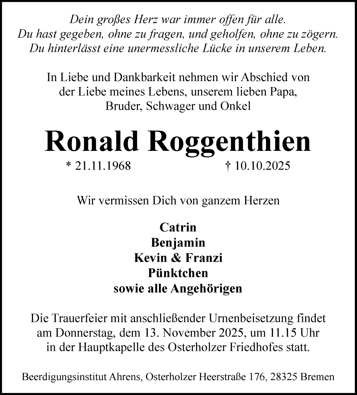 Traueranzeige von Ronald Roggenthien von WESER-KURIER