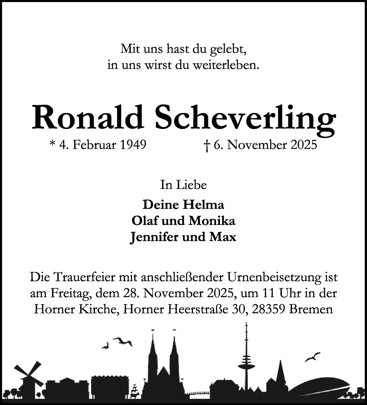  Traueranzeige für Ronald Scheverling vom 15.11.2025 aus WESER-KURIER