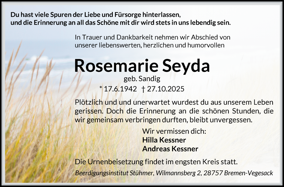 Traueranzeige von Rosemarie Seyda von Die Norddeutsche