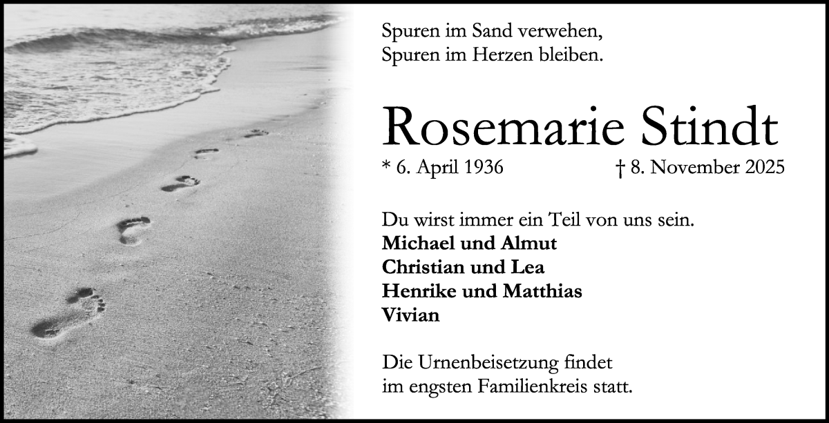 Traueranzeige von Rosemarie Stindt von Die Norddeutsche