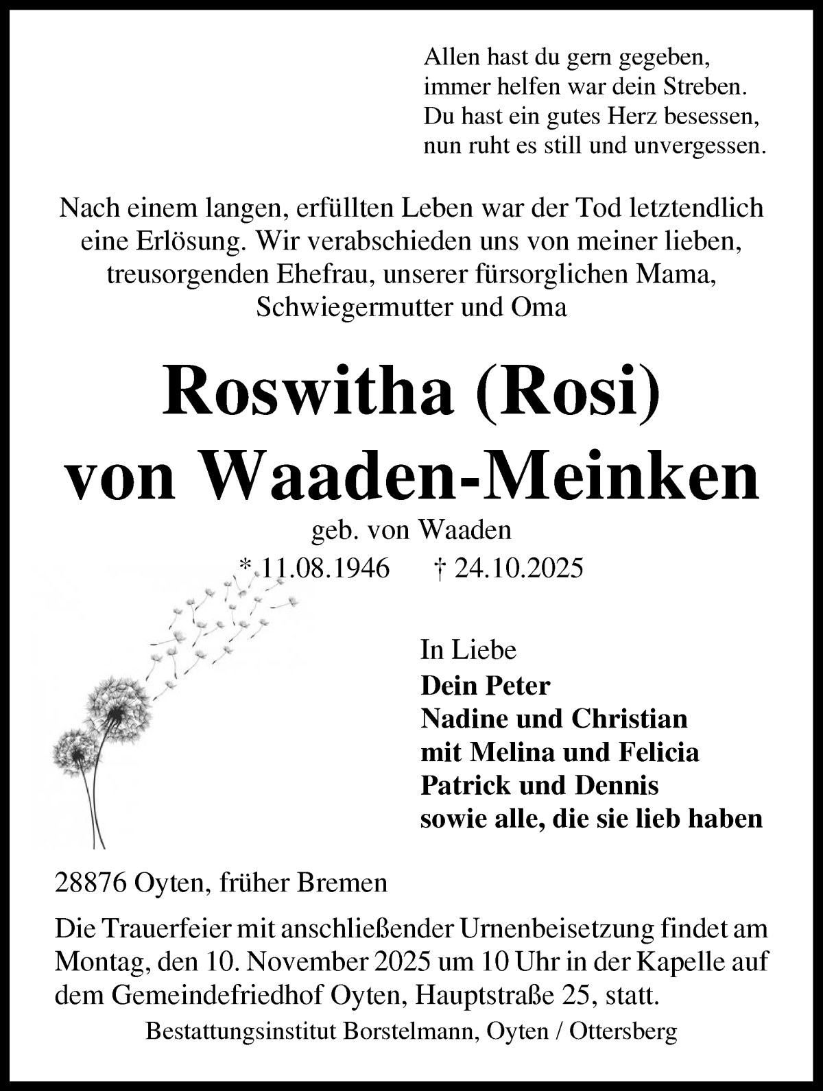 Traueranzeige von Roswitha (Rosi) von Waaden-Meinken von WESER-KURIER