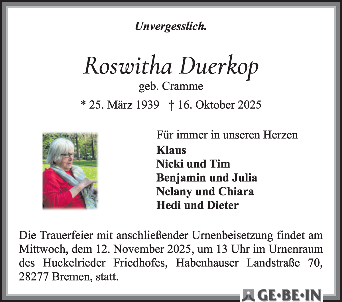 Traueranzeige von Roswitha Duerkop von WESER-KURIER