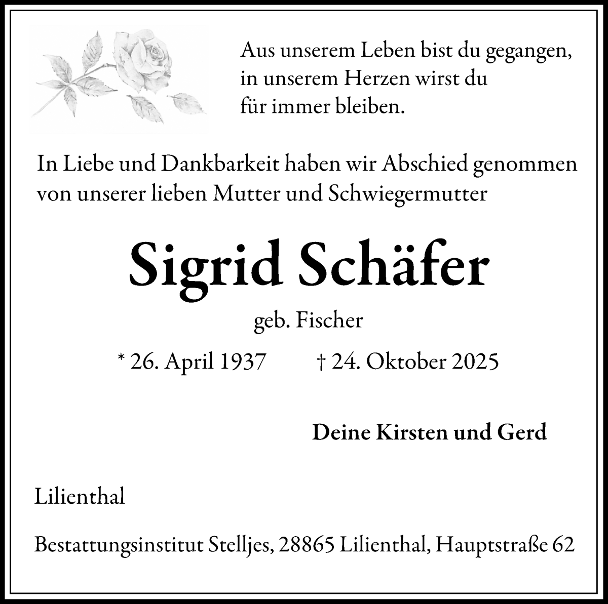 Traueranzeige von Sigrid Schäfer von Wuemme Zeitung