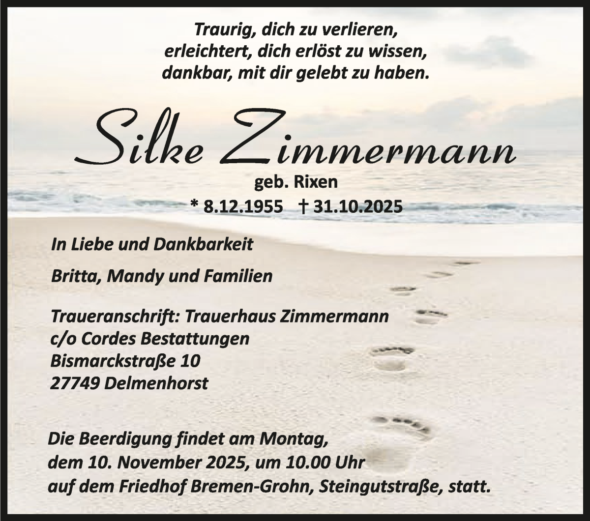 Traueranzeige für Silke Zimmermann vom 05.11.2025 aus WESER-KURIER