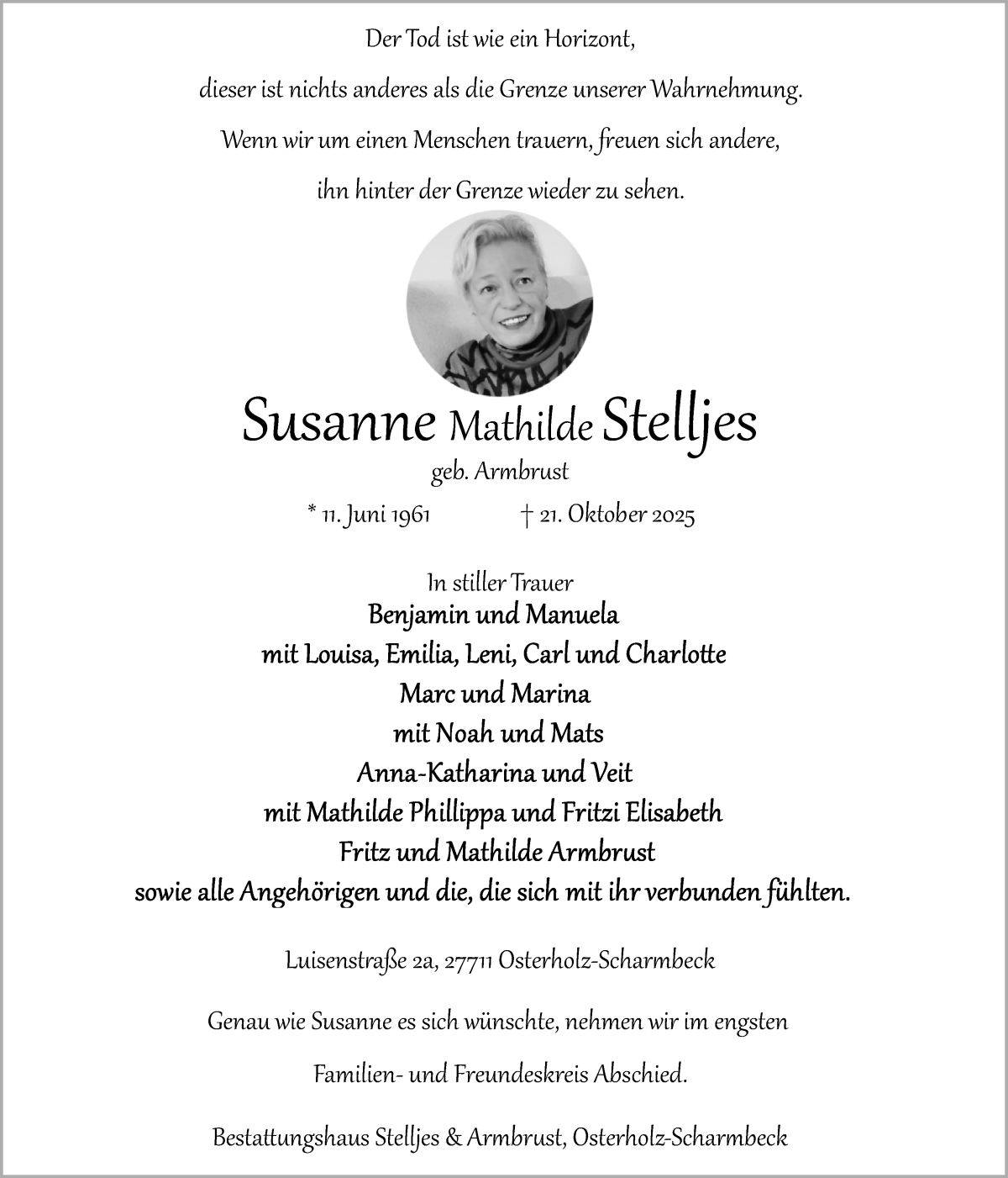 Traueranzeige von Susanne Mathilde Stelljes von Osterholzer Kreisblatt