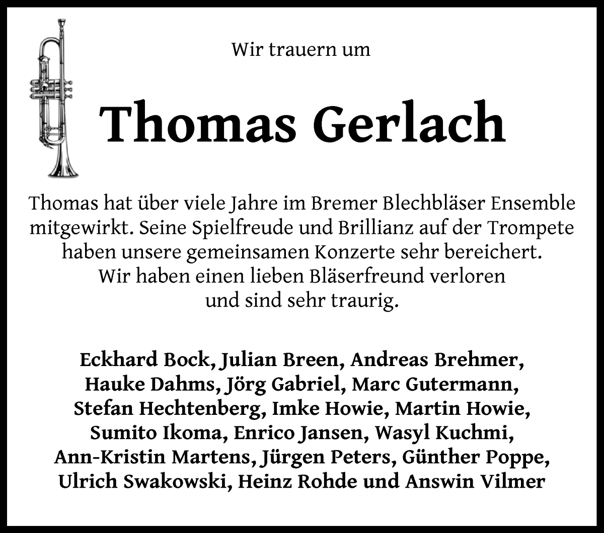  Traueranzeige für Thomas Gerlach vom 29.11.2025 aus WESER-KURIER