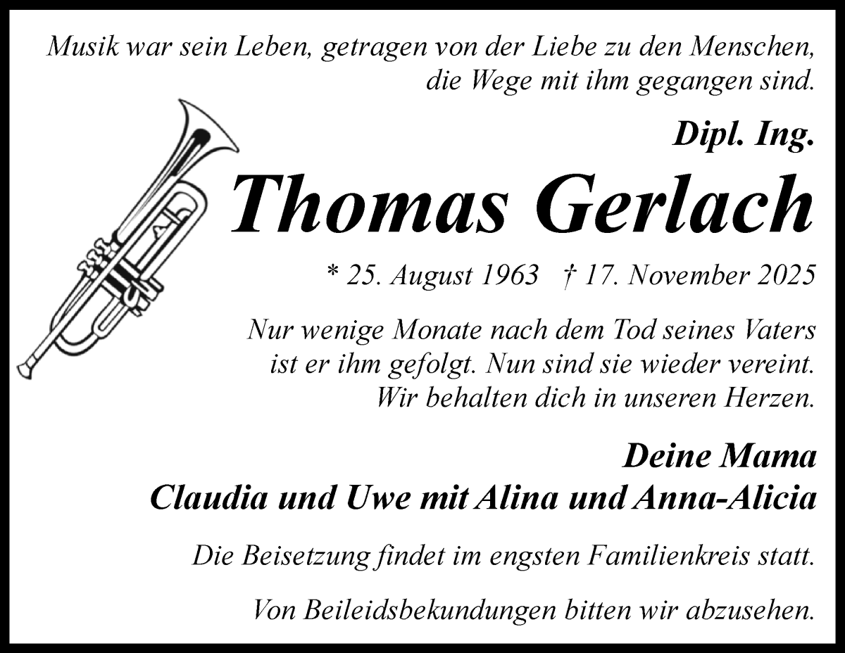  Traueranzeige für Thomas Gerlach vom 29.11.2025 aus WESER-KURIER