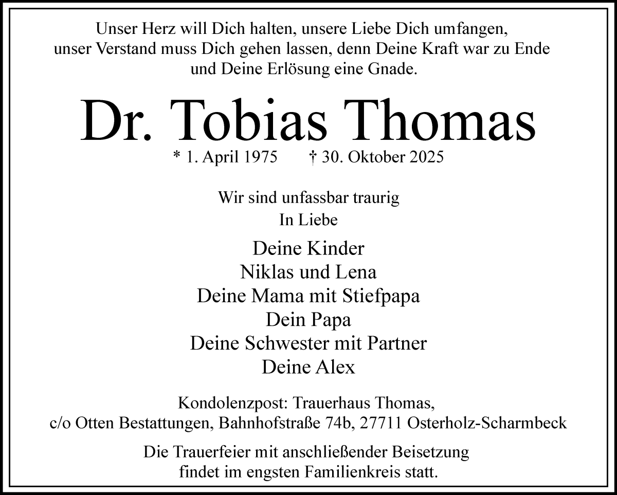 Traueranzeige von Tobias Thomas von Osterholzer Kreisblatt