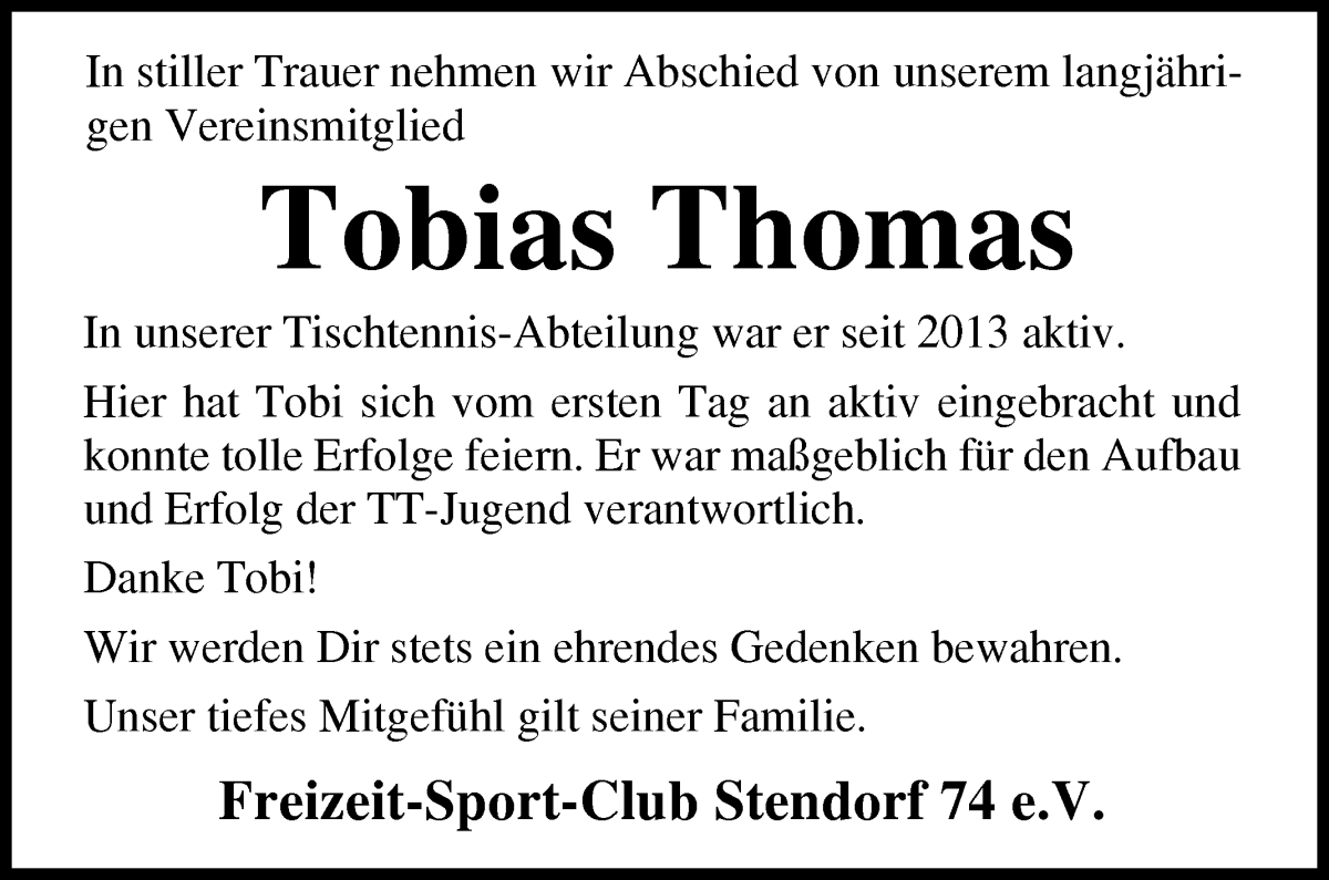 Traueranzeige von Tobias Thomas von Osterholzer Kreisblatt