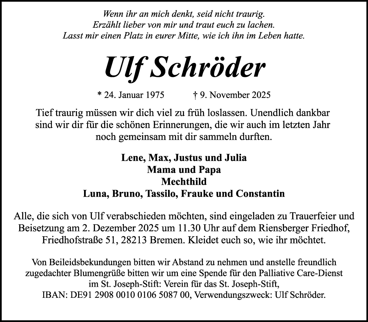 Traueranzeige von Ulf Schröder von WESER-KURIER