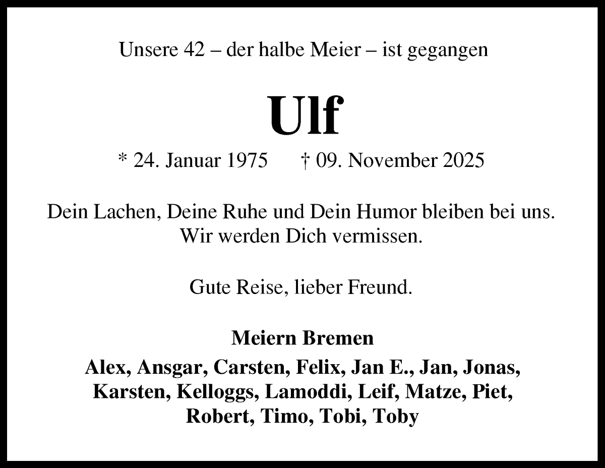 Traueranzeige von Ulf Schröder von WESER-KURIER