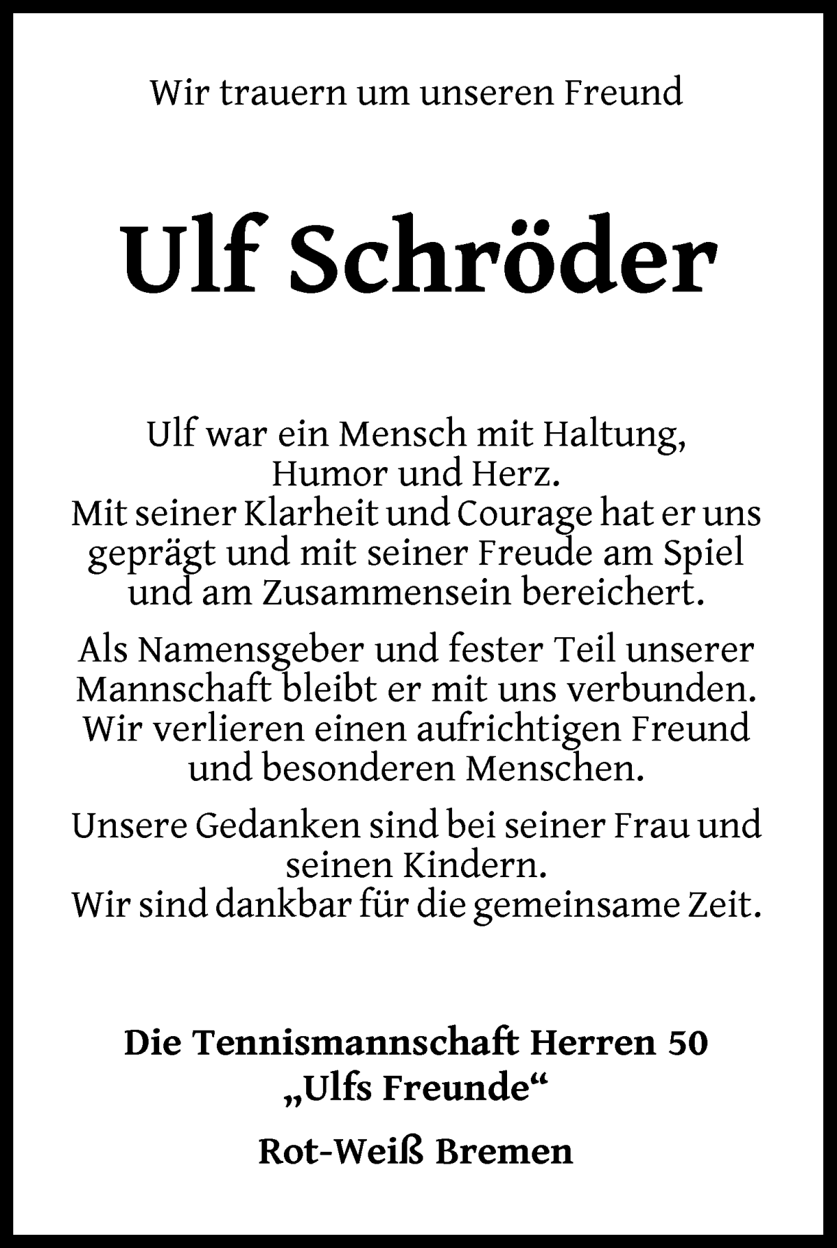 Traueranzeige von Ulf Schröder von WESER-KURIER