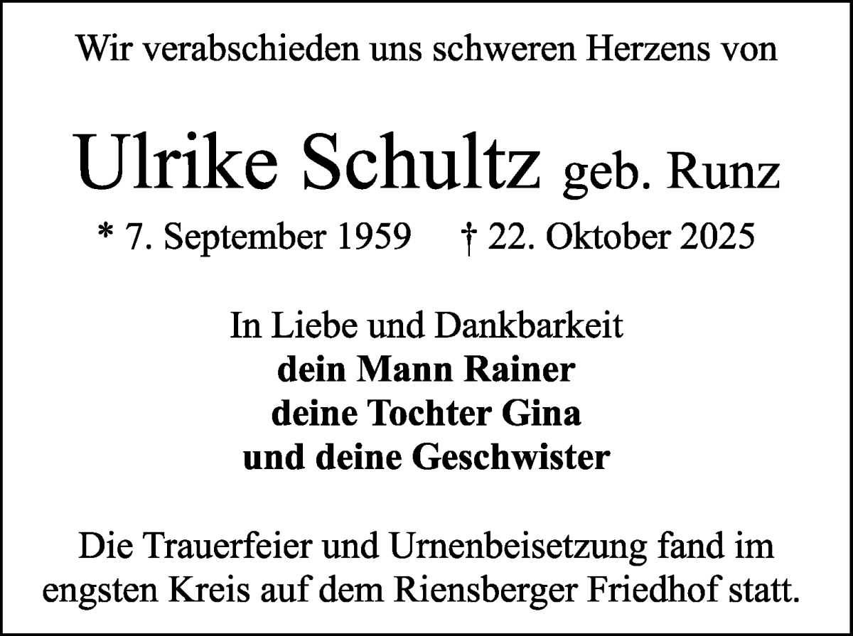 Traueranzeige von Ulrike Schultz von WESER-KURIER