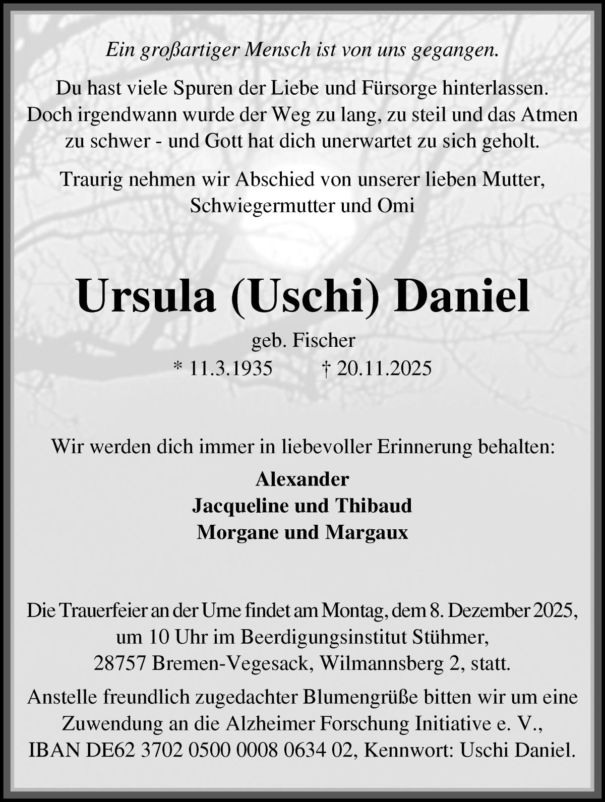 Traueranzeige von Ursula Daniel von Die Norddeutsche