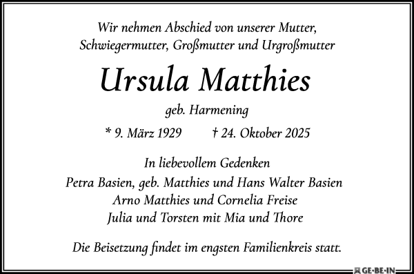 Traueranzeige von Ursula Matthies von Die Norddeutsche