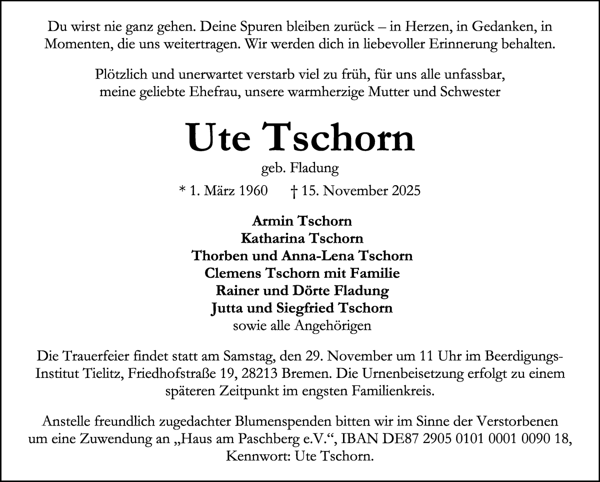 Traueranzeige von Ute Tschorn von WESER-KURIER