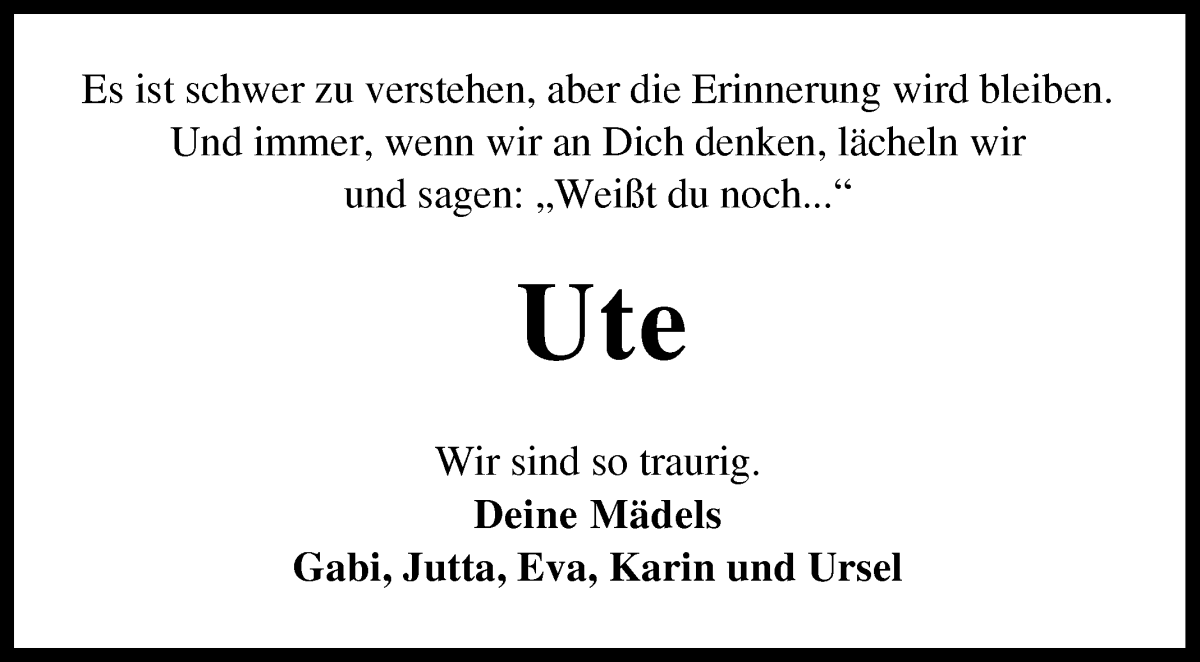 Traueranzeige von Ute Tschorn von WESER-KURIER