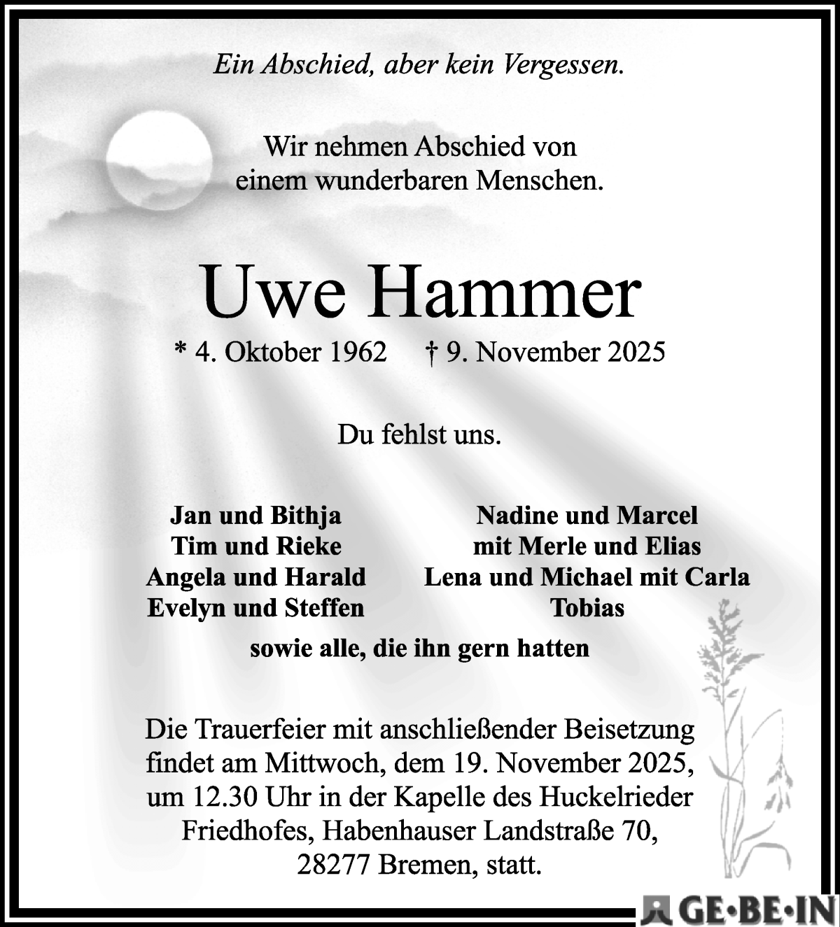 Traueranzeige von Uwe Hammer von WESER-KURIER
