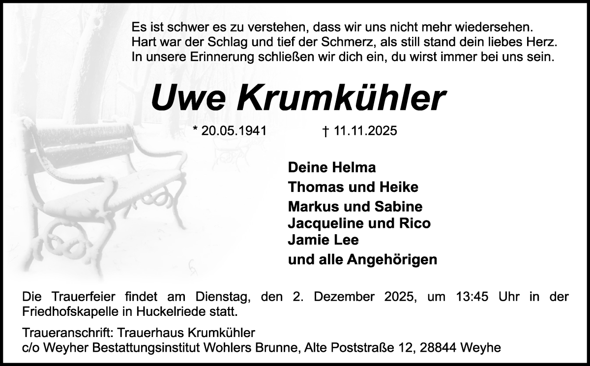 Traueranzeige von Uwe Krumkühler von WESER-KURIER