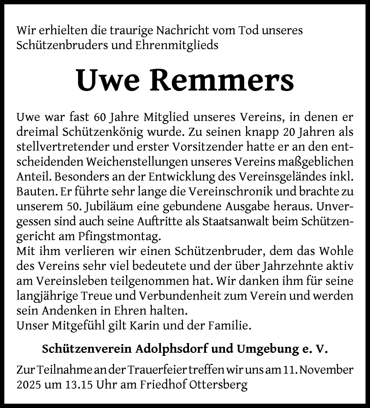 Traueranzeige von Uwe Remmers von Wuemme Zeitung