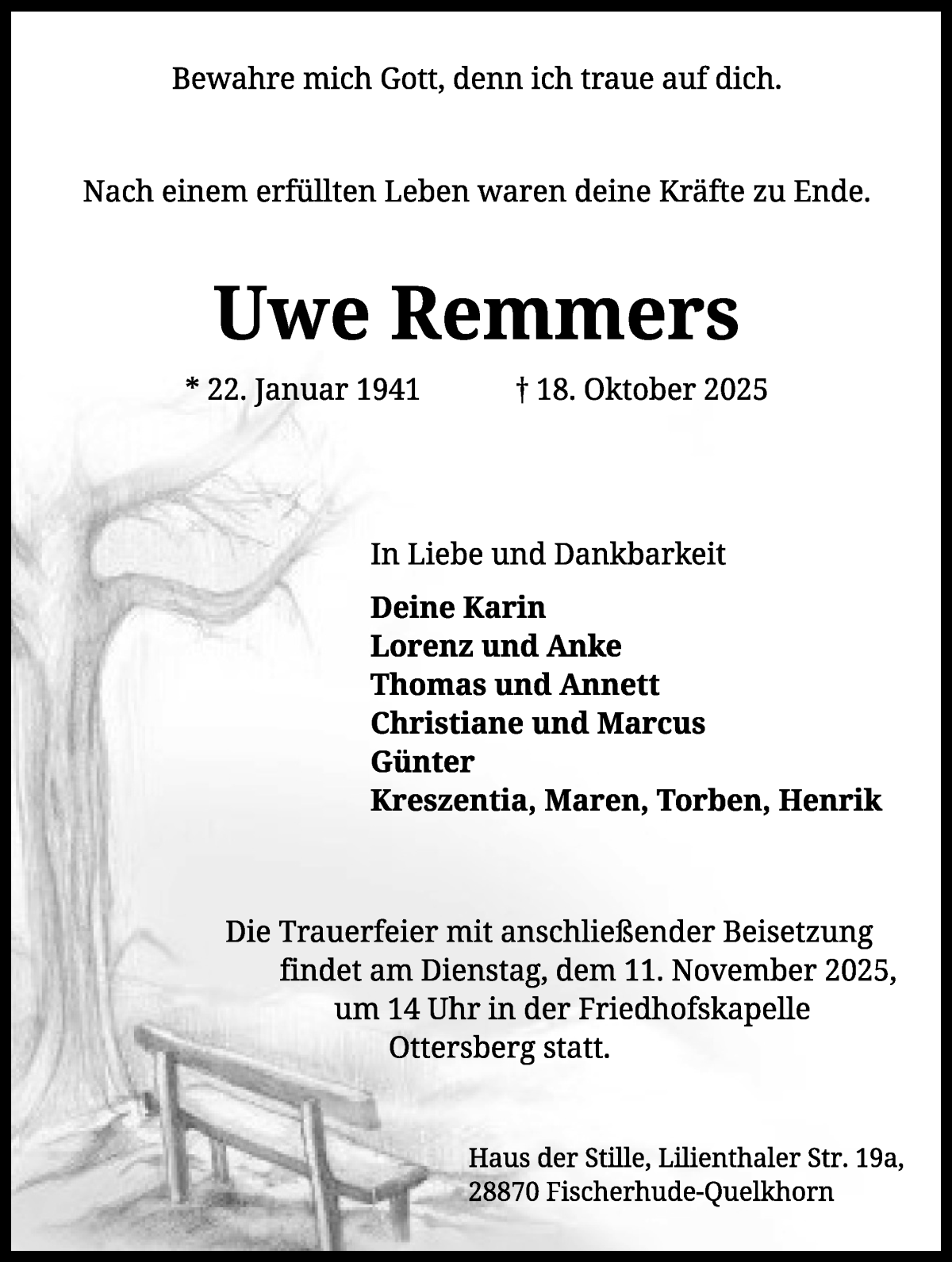 Traueranzeige von Uwe Remmers von Achimer Kurier/Verdener Nachrichten