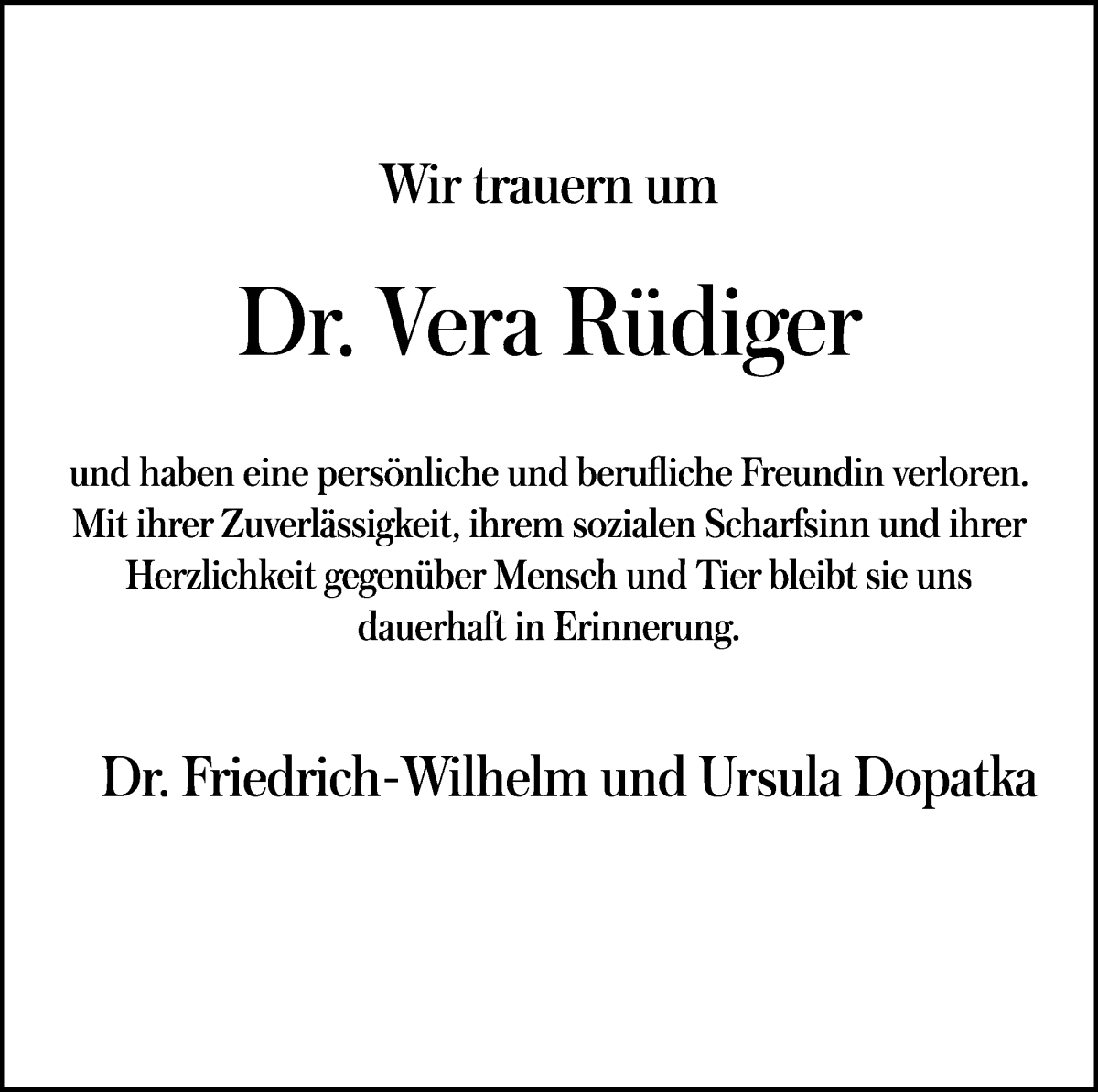 Traueranzeige von Vera Rüdiger von WESER-KURIER