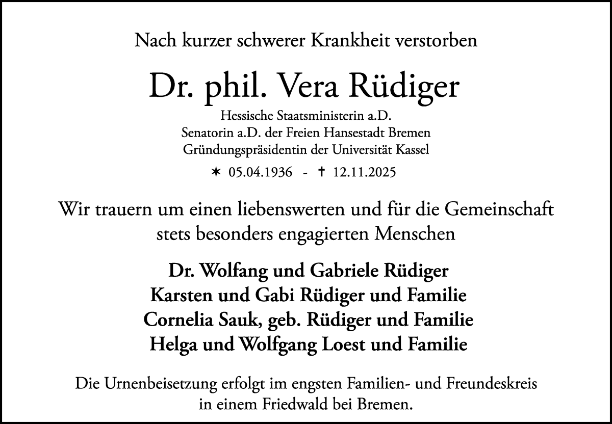 Traueranzeige von Vera Rüdiger von WESER-KURIER